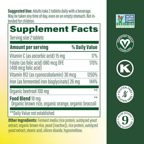 MegaFood Blood Builder Iron Supplement for Women & Men - Increase Iron Levels Without Side Effects - Combats Fatigue - Vitamin B12, Folic Acid & Vitamin C - Vegan - 72 Mini Tablets (36 Servings)