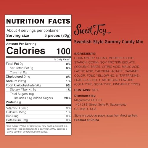 SweetJoy Swedish-Style Gummy Candy Mix, Non-GMO, Gelatin-Free, and Pineapple, Cola, Soda Flavored Candy with Sour Powder, 16oz Total (4 Bags × 4oz), Value Pack Perfect for Birthdays, Halloween, Parties, Travel, Kids and Adults