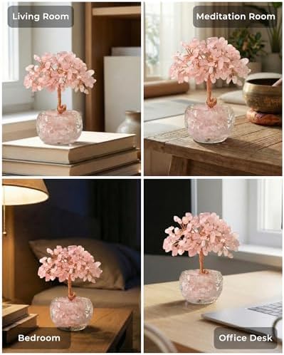 Rose Quartz Crystal Tree of Life - Natural Gemstone Feng Shui Bonsai - Healing Crystals Decor for Home Office, Attract Love & Relationships - Spiritual Gifts for Women (Pink)
