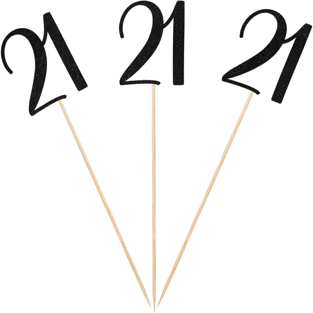 Black Glitter 21st Birthday Centerpiece Sticks, 12-Pack Number 21 Table Topper Anniversary Party Decorations