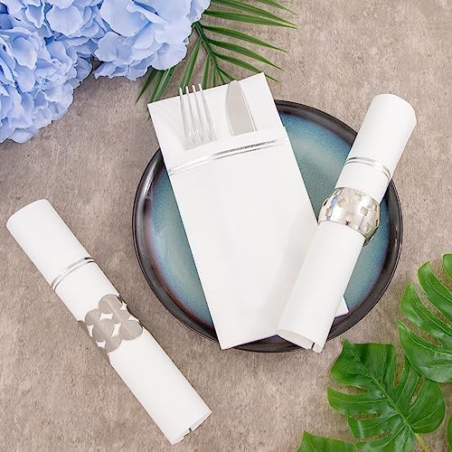 Nervure 100PCS Silver Paper Napkins with Built-in Flatware Pocket - White and Silver Prefolded Cloth Like Disposable Napkins - Heavy-duty Linen-Feel Dinner Napkins for Party & Wedding & Dinner