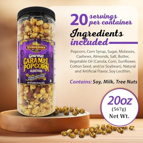 Stonehedge Farms Gourmet Caramel Popcorn Clusters | 20 oz Reclosable Container | Mix Of Pop corn, Cashews, Almonds and Butter Toffee | Holiday Snack Gift