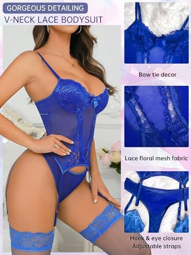 Women's Sexy Lingerie Set with Garter Belt Lace Bodysuit Teddy Baby Dolls Panty with Stockings