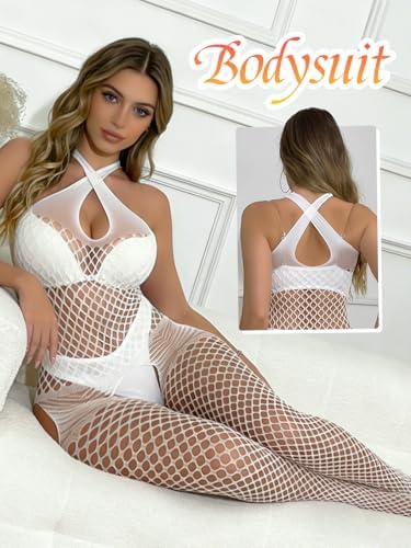 Sesiwadbe Lingerie for Women Bodystocking Attached Thigh High Stockings One Piece Bobydoll Bodysuit Sexy Tights