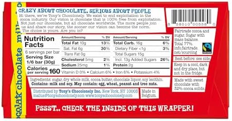 Tony’s Chocolonely Belgian Milk Chocolate Candy Bar, Pure Chocolate Bars for Snacks, Party Favors, Gifts, or Gift Basket, 32% Cacao, Made From Quality Fairtrade Cocoa, 4 Bars, 6.35 Oz Each