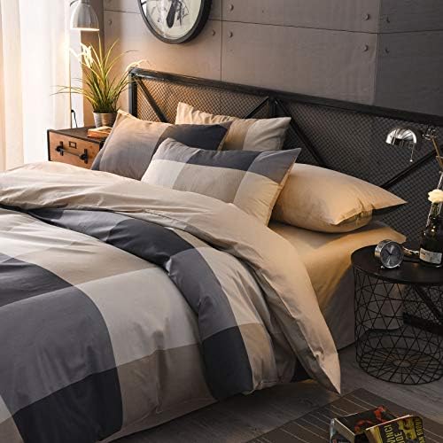 CottonLife Plaid Duvet Cover Twin, 100% Cotton Check Geometric Bedding 3pc Set, Retro Grey Hotel Quality Gingham Print Nordic Style, Reversible Solid Color with Zipper Closure, Ties (NO Comforter)