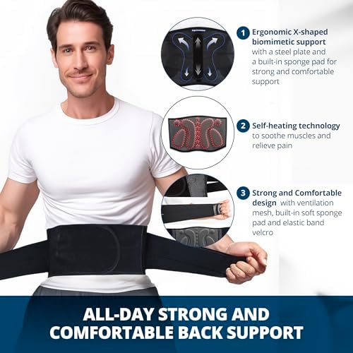 Strong Self-Heating Fit Lower Back Brace – Advanced Composite Fiber Support Belt with X-Shaped Design, Strong Lumbar Support, Pain Relief for Men & Women, Medium