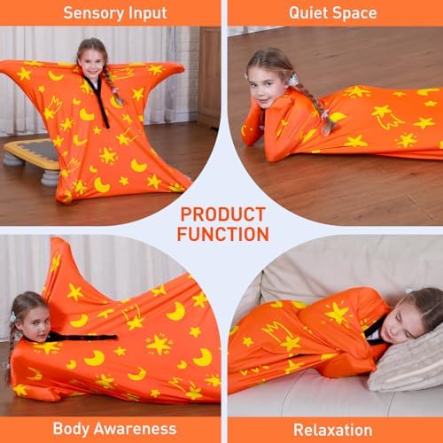 Premium Sensory Sack for Kids, 40" x 27" Sensory Body Sock Glow in the Dark for 3-5 Autistic Children, Good for Height: 30"-41" Small, Orange
