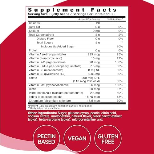 Multivitamin Jelly Beans, Women & Men, Source of Vitamin A C D E B-3 B-6 & Biotin, Supports Immune System, Pectin Based, Vegan & Gluten Free, Strawberry Flavor, 90 Jelly Beans, 30 Servings