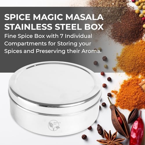 Nature's Own Masala Dabba - 7 Compartments, masala box,steel masala dabba,Spice container box,stainless steel spice box indian masala dabba with 7 spice containers with size 8 X 8 inches