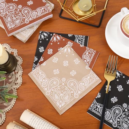 Whaline 120Pcs Western Bandana Cocktail Napkins 3 Colors Wild West Paper Napkin Cowboy Paisley Disposable Beverage Napkin for Wild One Yeehaw Bday