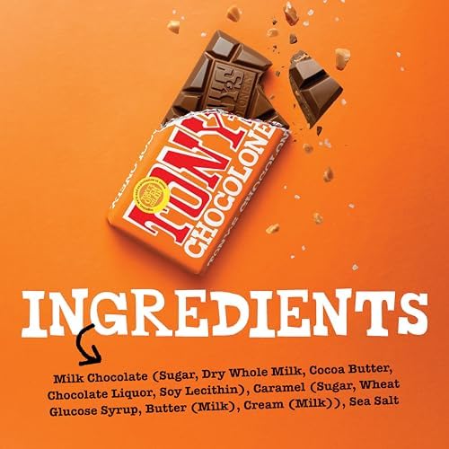 Tony’s Chocolonely Belgian Milk Chocolate Candy Bar With Caramel & Sea Salt, Chocolate Bars for Snacks, Party Favors, or Gifts, 32% Cacao, Made From Quality Fairtrade Cocoa, 4 Bars, 6.35 Oz Each