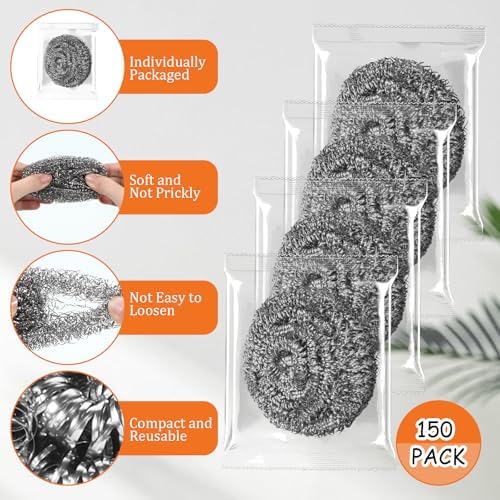 150 Pieces Stainless Steel Scourers Bulk Steel Wool Scrubbers Small 10 gram Metal Sponges Wire Scouring Pad for Stoves, Pots, Pans, Oven, Cooker Hoods for Kitchen Bathrooms(Separately Packaged)