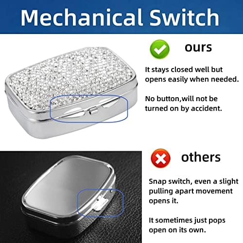 Pocket Pharmacy Bling 2 Compartment Medicine Organizer Small Cute Pill Container Travel Pill Box Case for Purse Square Vitamin Holder for Pocket(Silver)