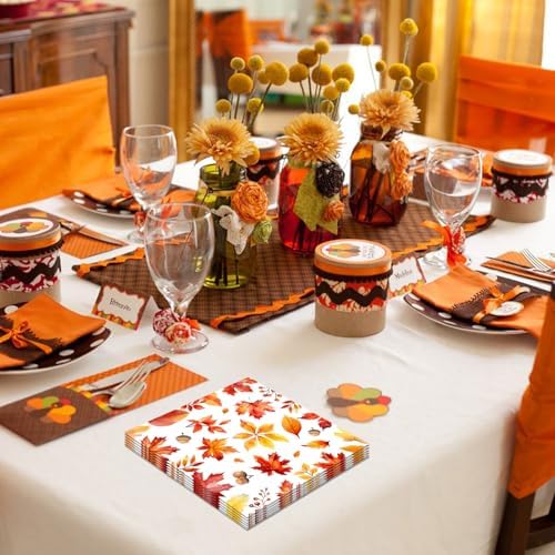 100Pcs Thanksgiving Napkins Disposable Maple Leaf Paper Napkins 6.5 x 6.5 Inch Lunch Dinner Napkins for Autumn Seasonal Events Harvest Family Picnic Thanksgiving Party Decorations