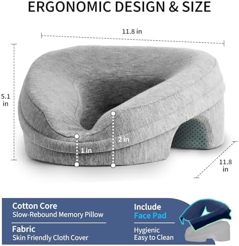 VVB Face Down Pillow for Massage Table, Massage Headrest for Bed, Stomach Pillows with Face Cradle Pad, BBL Pillows After Surgery Post Eye Surgery Recovery, Massage Pillow with Removable Cover Grey