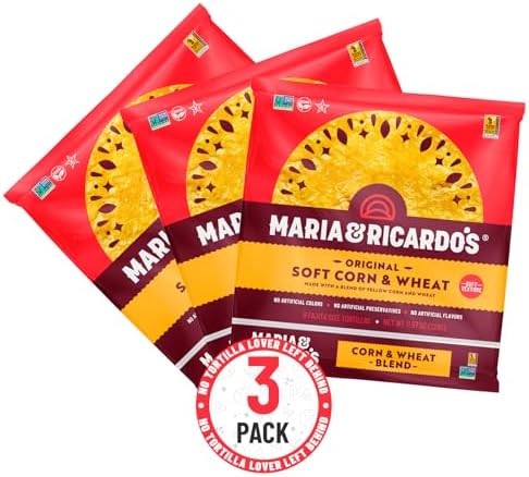 Maria & Ricardo's Soft Yellow Corn Tortillas. (3 Pack) Made from a blend of corn and wheat. Non GMO PV. Vegan. Kosher. 8 Tortillas per Pack