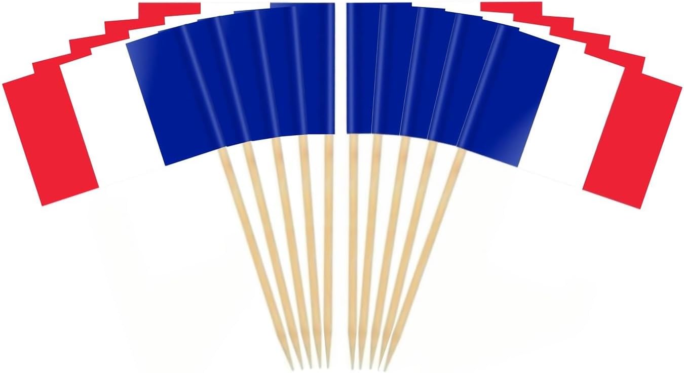 CYPS 100 Pcs France Mini Stick Cupcake Toppers - French Flag Toothpicks for Cake, Cocktail, Food Bar, Celebration Decoration
