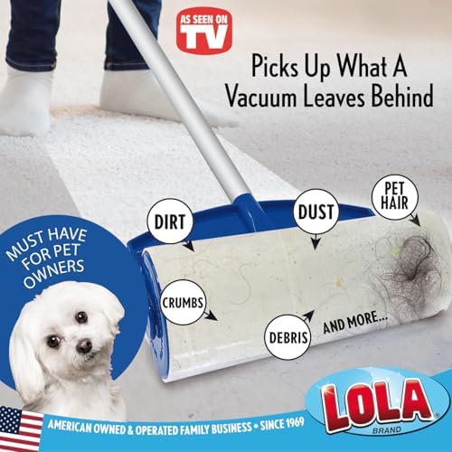 LOLA Rola PET Hair Remover Sticky Mop, Giant Floor Lint Roller, 9" x 3.5", Aluminum Handle, Largest Head, Traps Hair, Dust, Dirt, Extra Sticky Sheets