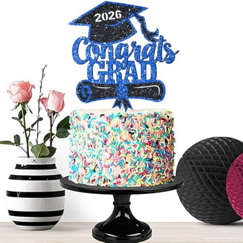 Congrats Grad Cake Topper Blue Glitter Class of 2026 Cake Topper You Did It Cake Decorations for 2026 Senior High School/College/University Happy 2026 Graduation Party Supplies Decorations