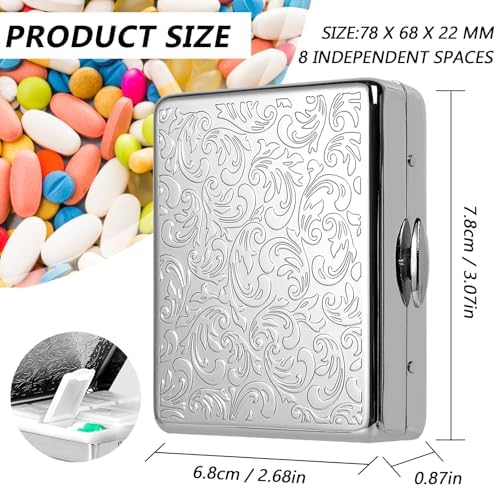 Pill Organizer 7 Days 8 Compartments, Travel Metal Pill Box, BPA-Free Portable Pill Box (Silver, Median)