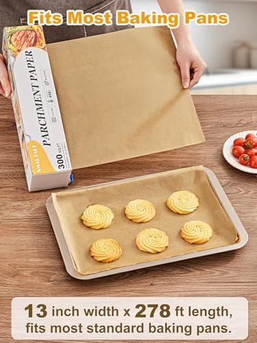 SMARTAKE Parchment Paper Roll for Baking, 13 in x 278 ft, 300 sq.ft, Non-Stick Baking Paper Sheets with Slide Cutter, Heavy Duty Extra Long, for Kitchen Baking Cooking Grilling Steaming, Unbleached