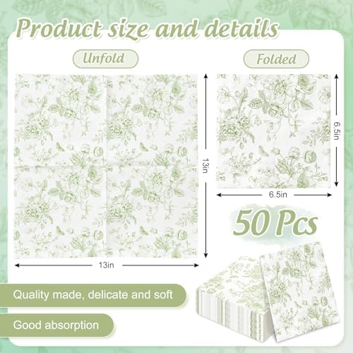 JarThenaAMCS Green Flower Paper Napkins Floral Disposable Napkins Wildflower Square Luncheon Dinner Napkins for Party Supplies Table Decor, 50Pcs