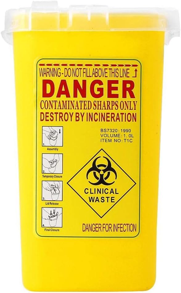Yellow Sharps Bin Needle Blade Waste Disposal Container with Locking Lid 1.0L