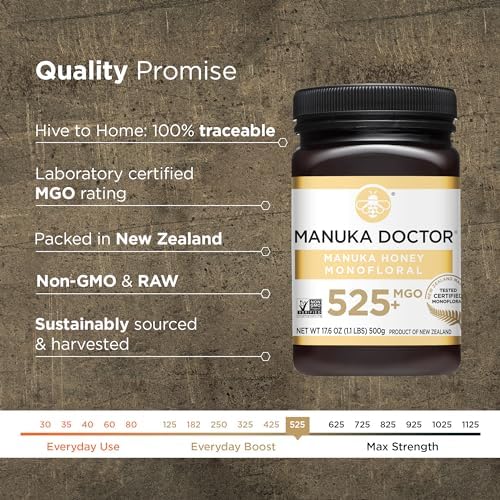 Manuka Doctor - MGO 525+ Manuka Honey Monofloral, 100% Pure New Zealand Honey. Certified. Guaranteed. Raw. Non-GMO (17.6 oz)