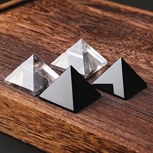 Runyangshi 2pc Clear Quartz + Obsidian Pyramid | 1.6x1.6in (4x4cm) Natural Crystal Energy Generator for Protection & Positive Energy | Healing Crystal Pyramid for Chakra Reiki Home Decor