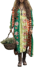 Women's Long-Sleeve Bohemian Maxi Dress V-Neck Loose-Fit Floral Print Casual Retro Dress for Spring & Fall