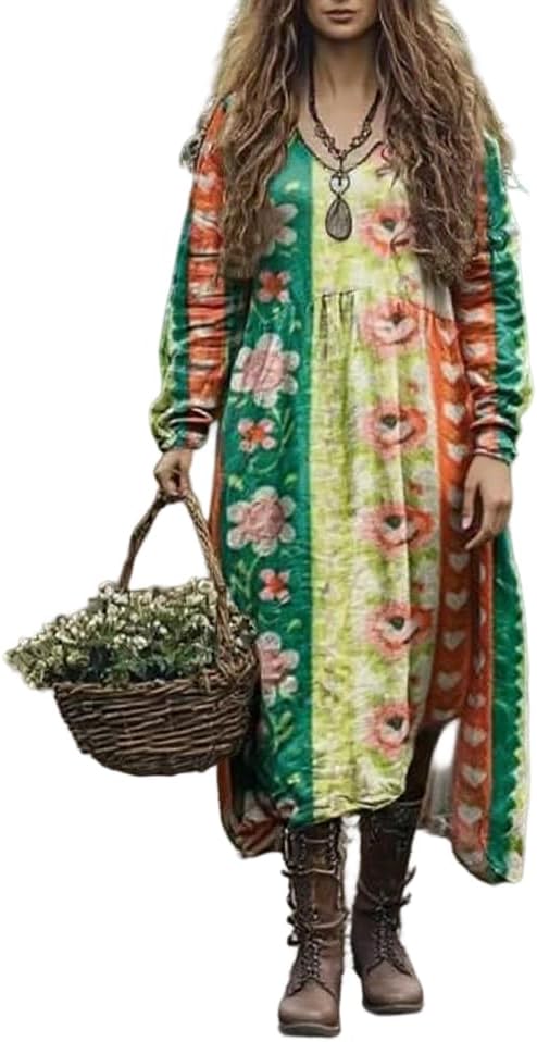 Women's Long-Sleeve Bohemian Maxi Dress V-Neck Loose-Fit Floral Print Casual Retro Dress for Spring & Fall