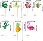 28 PCS Tropical Cupcake Toppers Glitter Leaf Pineapple Flower Palm Tree Flamingo Cupcake Picks Aloha Cake Decorations for Summer Hawaiian Luau Theme Baby Shower Birthday Wedding Party Supplies