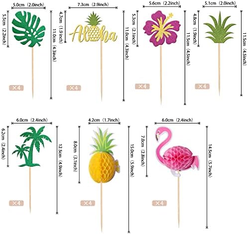 28 PCS Tropical Cupcake Toppers Glitter Leaf Pineapple Flower Palm Tree Flamingo Cupcake Picks Aloha Cake Decorations for Summer Hawaiian Luau Theme Baby Shower Birthday Wedding Party Supplies
