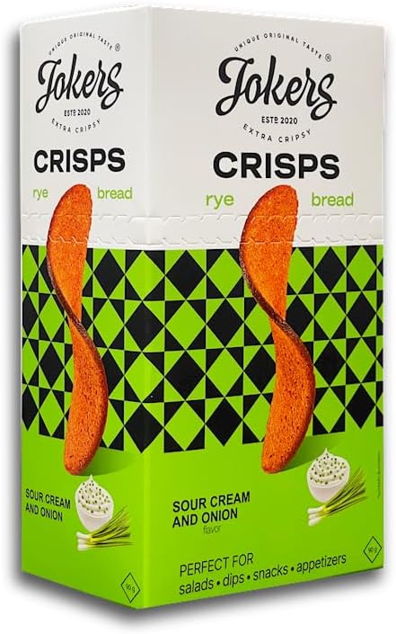Jokers Rye Crisps Sour Cream & Greens – 12 Bags – Sour Cream & Onion Flavor - Crunchy Party Snack, Perfect for Dips, Soups & Salads - Sour Cream & Greens, Pack of 12