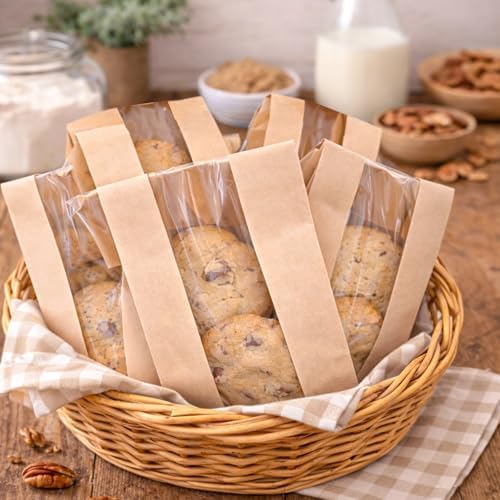 WIKDAY Bakery Bags with Window 25PCS Paper Cookie Bags Small Pastry Bags for Baked Goods Gift Giving Snack Treat Desert Packaging Storage Includes 25PCS Label Seal Stickers 3.5x2.3x7.5in