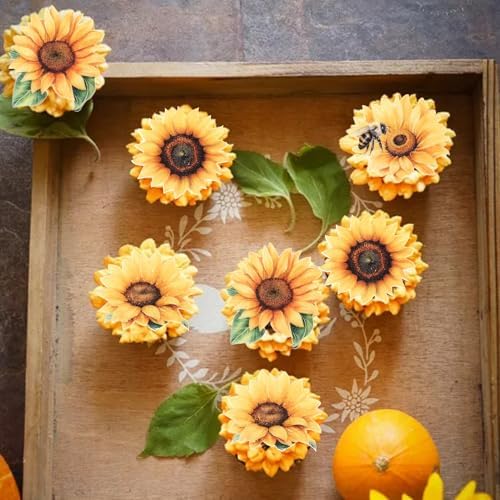 Rsstarxi 60 Pack Edible Sunflower Cupcake Toppers Rice Paper Bee Sunflower Cupcake Picks Decoration for Spring Summer Theme Baby Shower Wedding Birthday Party Cake Decorations