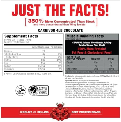 MuscleMeds CARNIVOR Beef Protein Isolate Powder, Muscle Building, Recovery, Lactose Free, Sugar Free, Fat, Free, 23g Protein, Halal Certified, Chocolate, 56 Servings