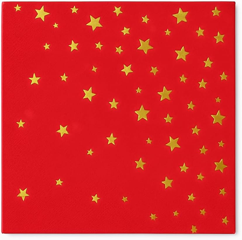 Red Cocktail Napkins with Gold Stars – 50 Pack | 2-Ply Party Paper Napkins for Christmas, Birthdays, Weddings & Holiday Celebrations