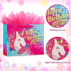 BeiLaad Unicorn Happy Birthday Gift Bag with Greeting Card and Tissue Paper, Birthday Gift Bags for Kids Girls Medium