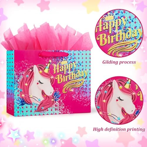 BeiLaad Unicorn Happy Birthday Gift Bag with Greeting Card and Tissue Paper, Birthday Gift Bags for Kids Girls Medium