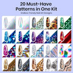 Beetles Nail Foil Art Kit, 20 Pcs Nail Foils Transfer with 30ml Nail Foil Glue Gel for Nails - Metal Holographic Leopard Stickers Gels Nail Polish Set LED Lamp Required Soak Off Manicure Nails Art DIY