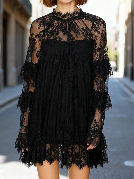 Women Lace Long Sleeve Shirt Y2k Sexy See Through Mesh Sheer Tops Blouse Summer Beach Cover Up Shawl Cape Poncho