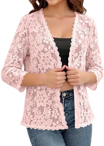 Spring Cardigans for Women 2026 Lightweight 3/4 Sleeve Crochet Lace Cardigan Dressy Casual Open Front Bolero Shrug