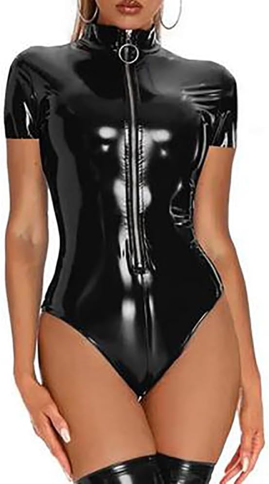 Women's Sexy Lingerie Clubs Party Clubwear Short Sleeve Patent Leather Bodysuit