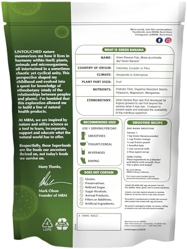 MRM Nutrition Organic Green Banana Powder | Superfoods | High-Fiber | Flour Alternative | Prebiotic Fiber | 40 Servings