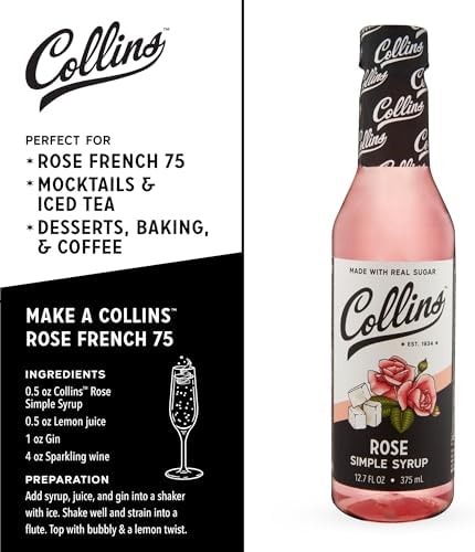 Collins Rose Syrup - Rose Flavor Simple Syrup - Real Sugar Cocktail Syrups - Soda Water Flavors, Cocktail Mixers - 12.7oz Set of 1