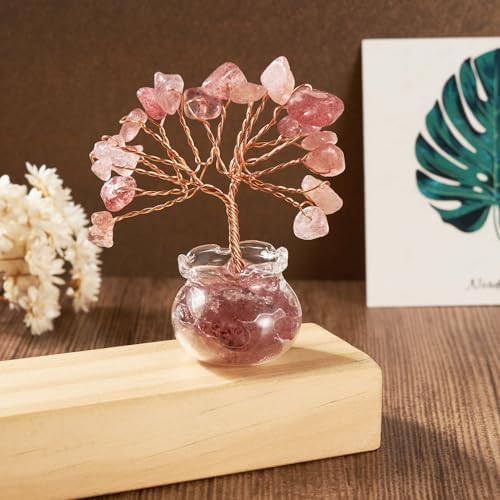 Natural Crystal Bonsai Tree with Glass Base Handcrafted Strawberry Quartz Figurine for Wealth Feng Shui, Energy Flow, Healing and Prosperity Decor for Home Decoration Gift
