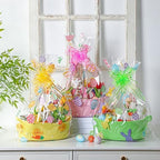 Teenyyou 3 Sets Easter Baskets for Gifts Empty with Wrap Cellophane Gift Bags Bows 12 x 9 x 5 Inch Easter Bunny Egg Woven Rope Basket to Fill Storage Box for Gift Wrapping Spring Party Decor