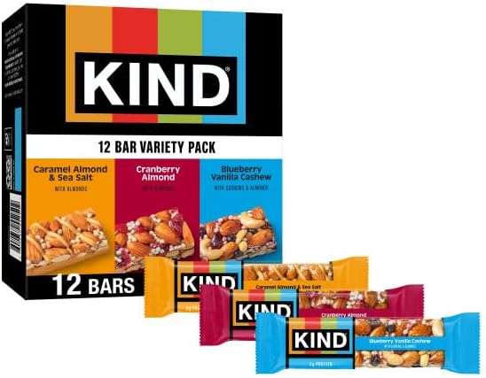 KIND Healthy Snack Bars Variety Pack, Blueberry Vanilla Cashew, Caramel Almond & Sea Salt, Cranberry Almond, Gluten Free, 12 Count